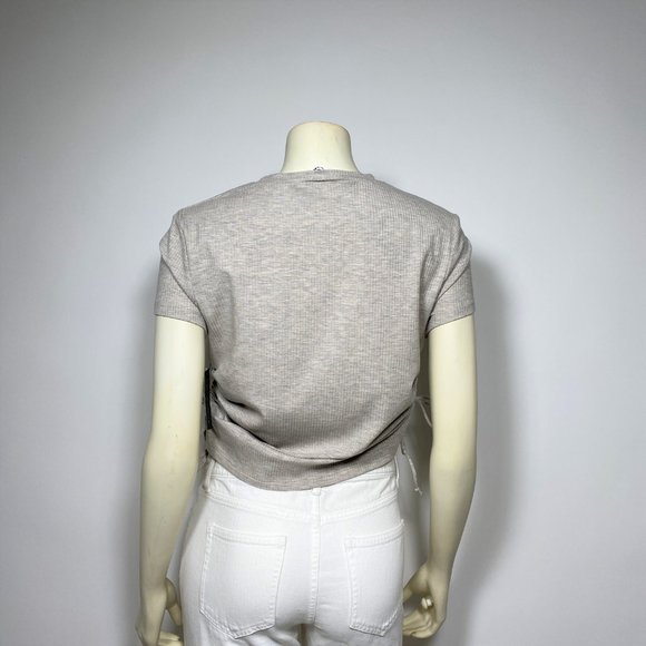 REFORMATION Oatmeal Ribbed w/Side Ruched Tee - Picture 3 of 7